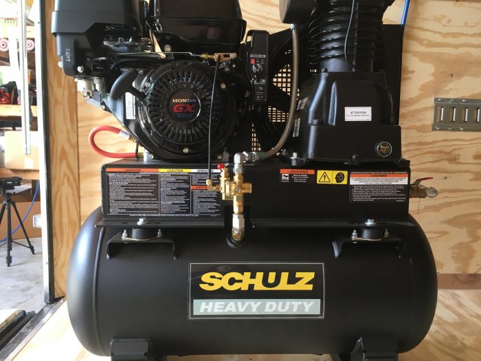 7x16 SprayEZ Shorepower Trailer Package | SprayEZ 3000 Proportioner | Graco Fusion Air Purge Gun | Schulz Air Compressor