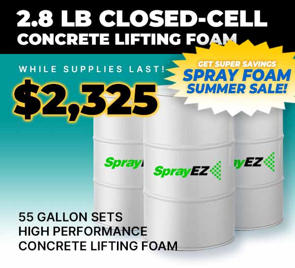 SprayEZ closed cell foam, 2.8lb closed cell foam, spay foam insulation, 55 gallon drum,- concrete lifting foam drums