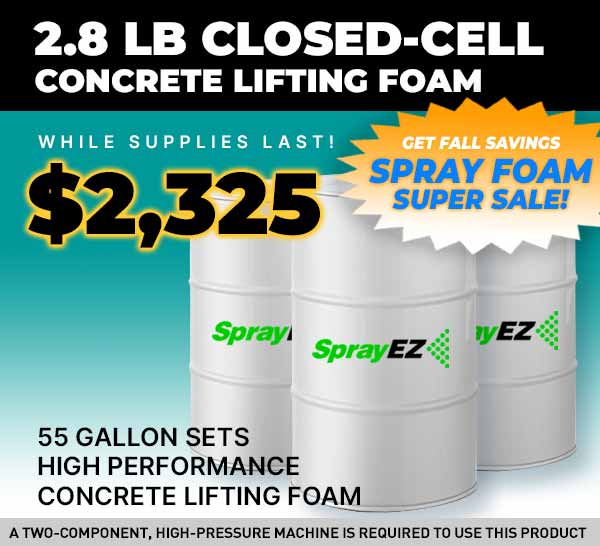 SprayEZ closed cell foam, 2.8lb closed cell foam, spray foam insulation, 55 gallon drum,- concrete lifting foam drums