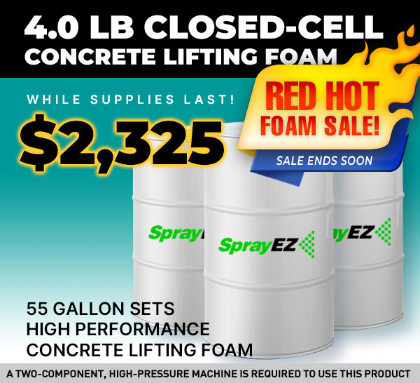 SprayEZ closed cell foam, 4.0lb closed cell foam, spray foam insulation, 55 gallon drum,- concrete lifting foam drums