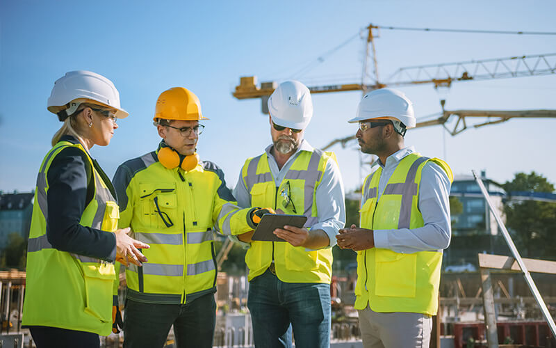 Four construction workers in safety gear reviewing plans at a building site.