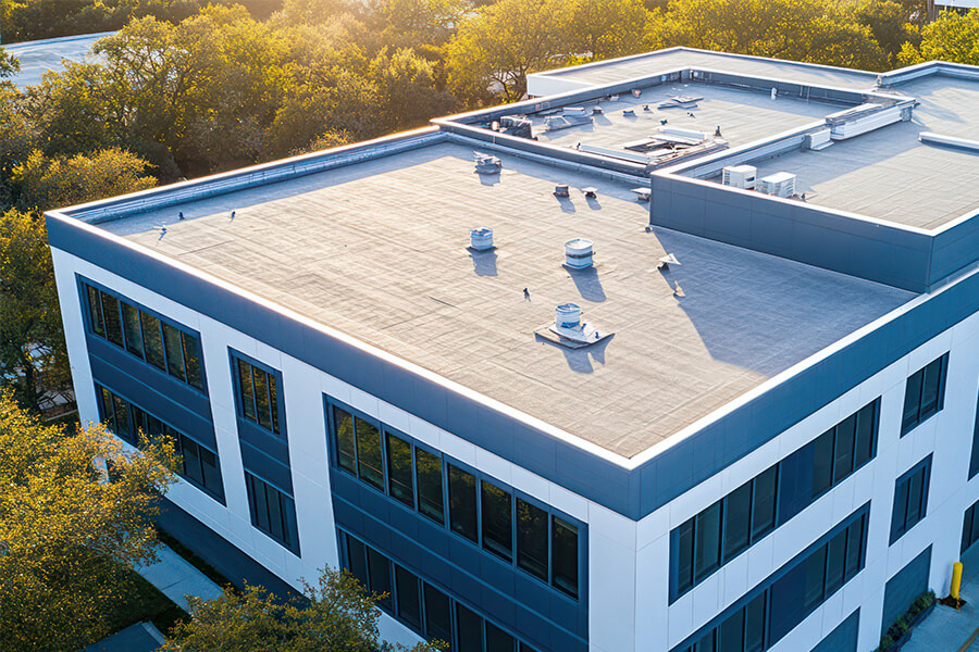 Aerial view of a modern building surrounded by trees, highlighting the flat rooftop.